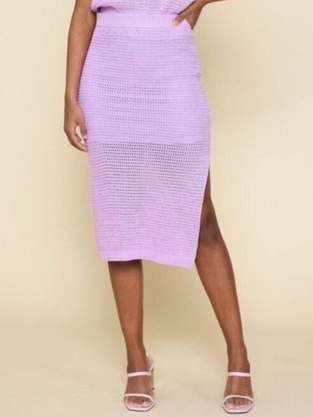 Skies Are Blue Crochet Knit Lined Side Slit Elastic Waist Lilac Midi Skirt